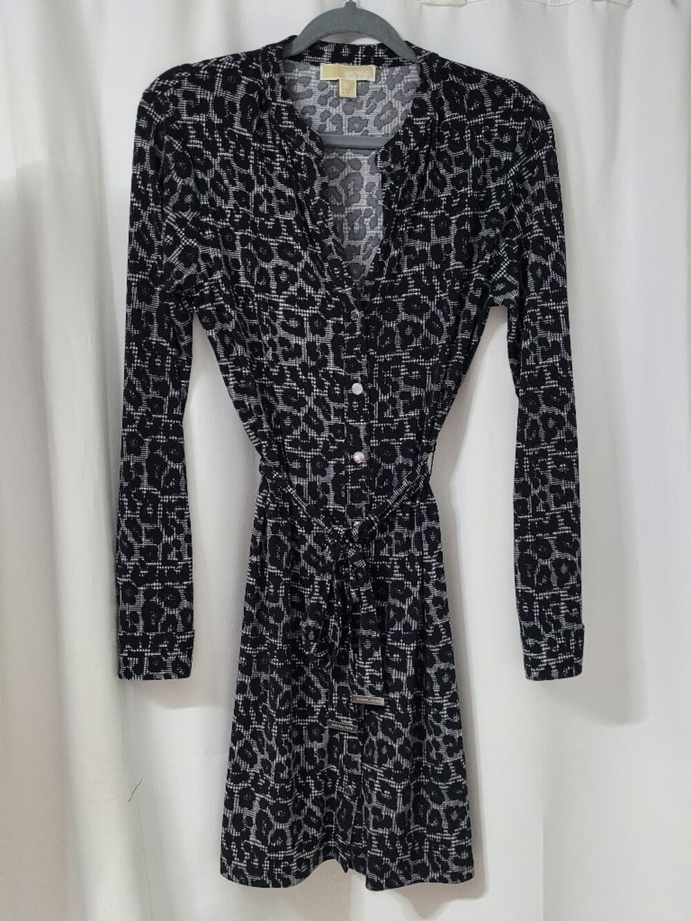 Michael Kors Animal Print Button Front, Belted Long Sleeve Dress